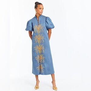 NWT Mestiza Elliana Barong Midi Dress /Blue Dress with Gold Palm Tree Embroidery